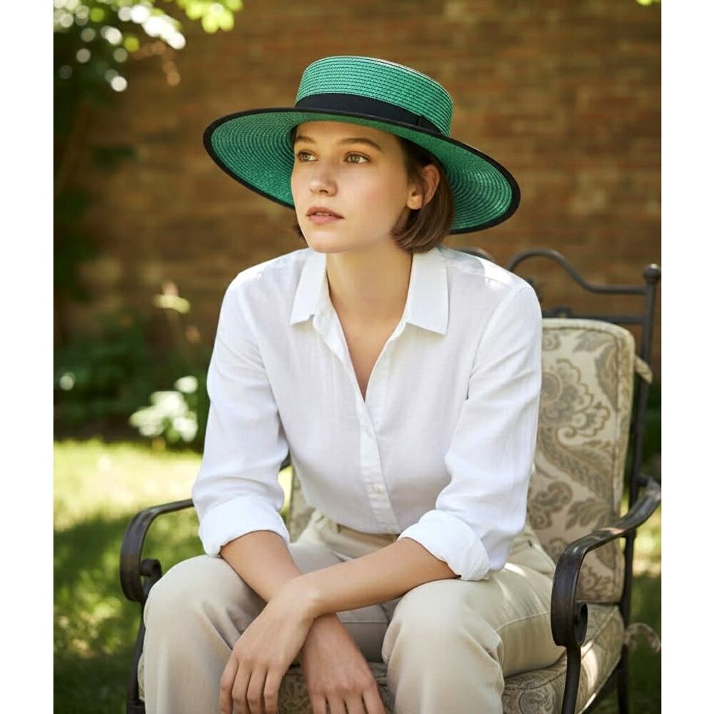 Vintage Green Boater Hat w/Black Grosgrain Ribbon | Wide Brim M/L Made Taiwan